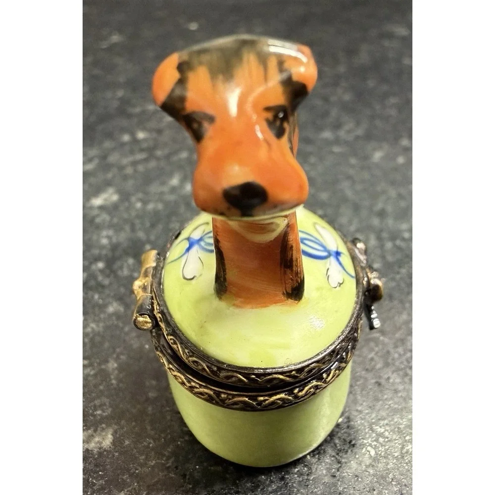 Eximious Limoges France Terrier Dog Trinket Box Hand Painted Porcelain Miniature